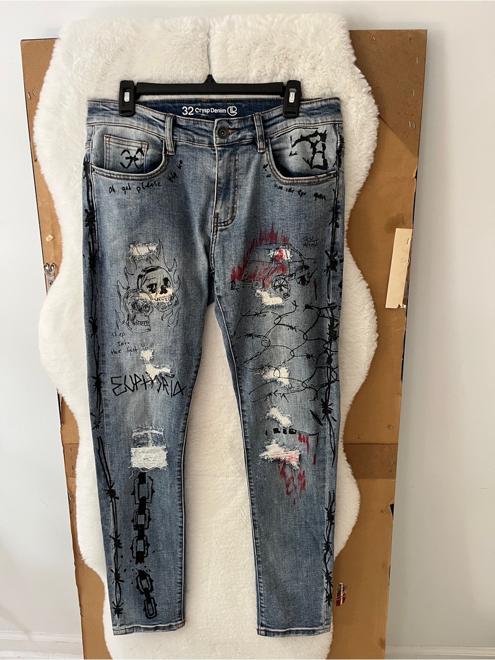 Crysp Denim Graphic Distressed Jeans Size 32 Streetwear Skeleton Barbed Wire - Picture 1 of 4